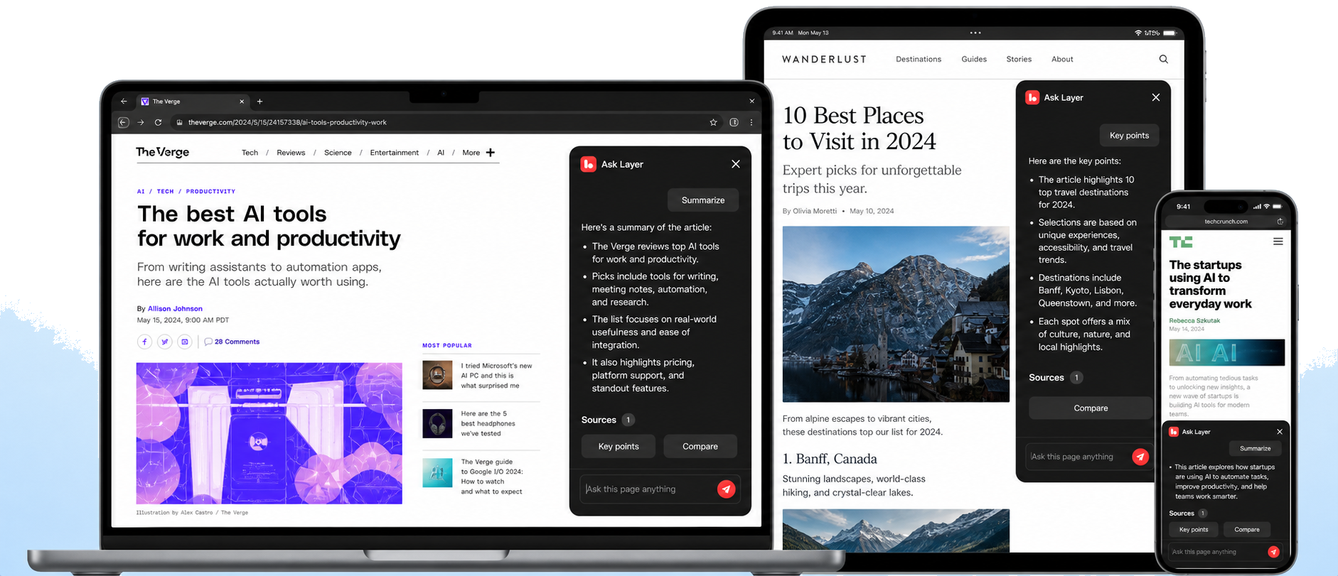 Ask Layer running on a MacBook, tablet, and phone across different websites